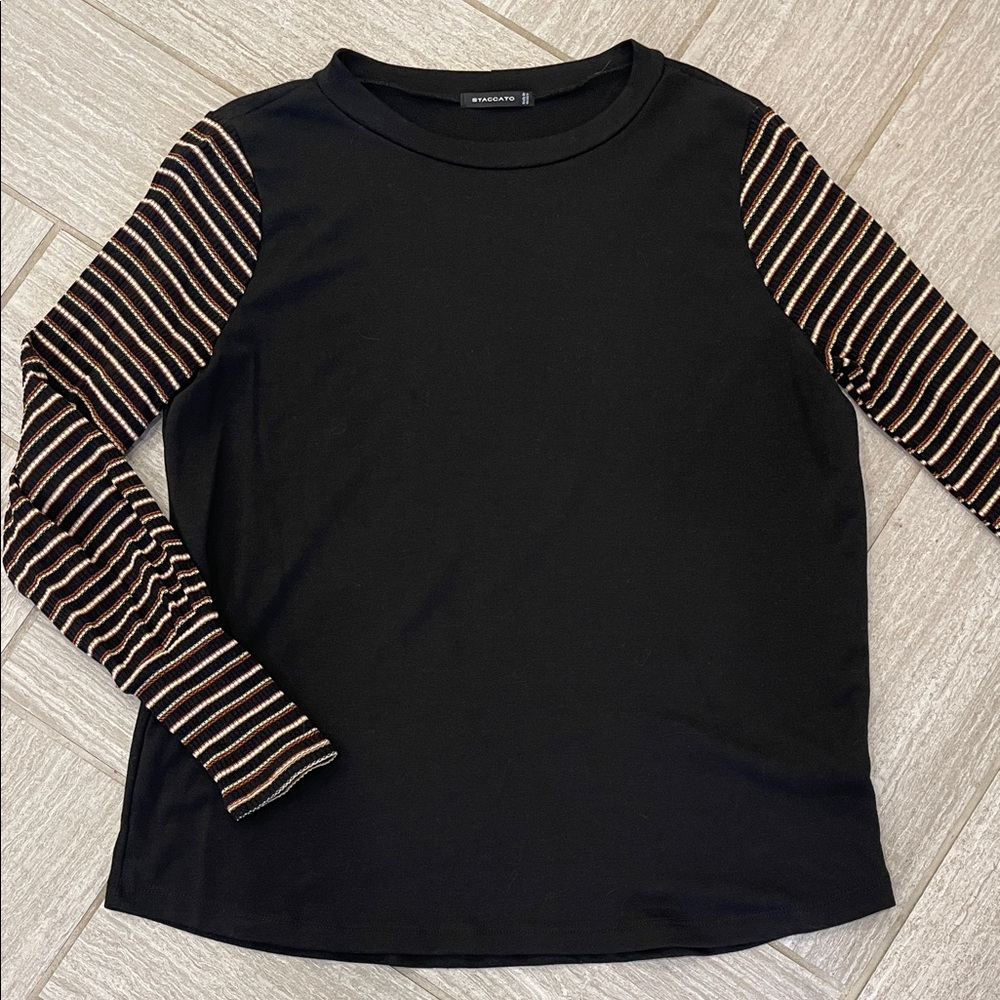 Staccato Black Top with Brown Striped Sleeves